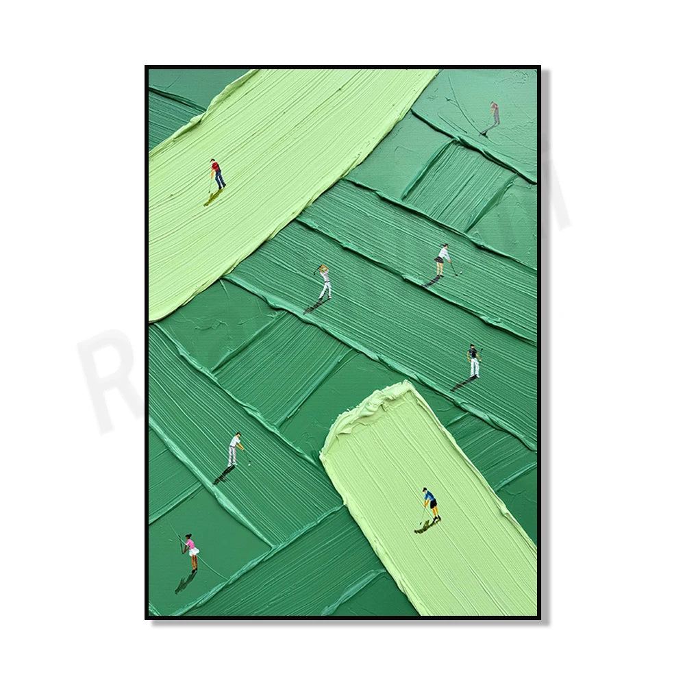 Abstract canvas art depicting a green golf scene with people playing on a sloping green surface.