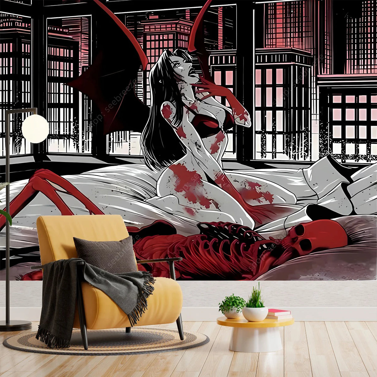 Gothic Vampire Woman Tapestry with Horns & Blood Stains