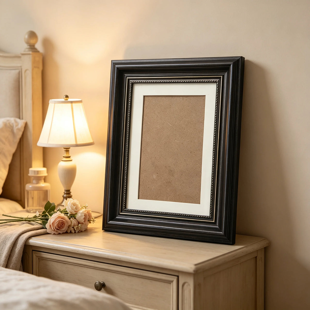 A black photo frame with an antique gold trim rests on a wooden nightstand next to a lamp.