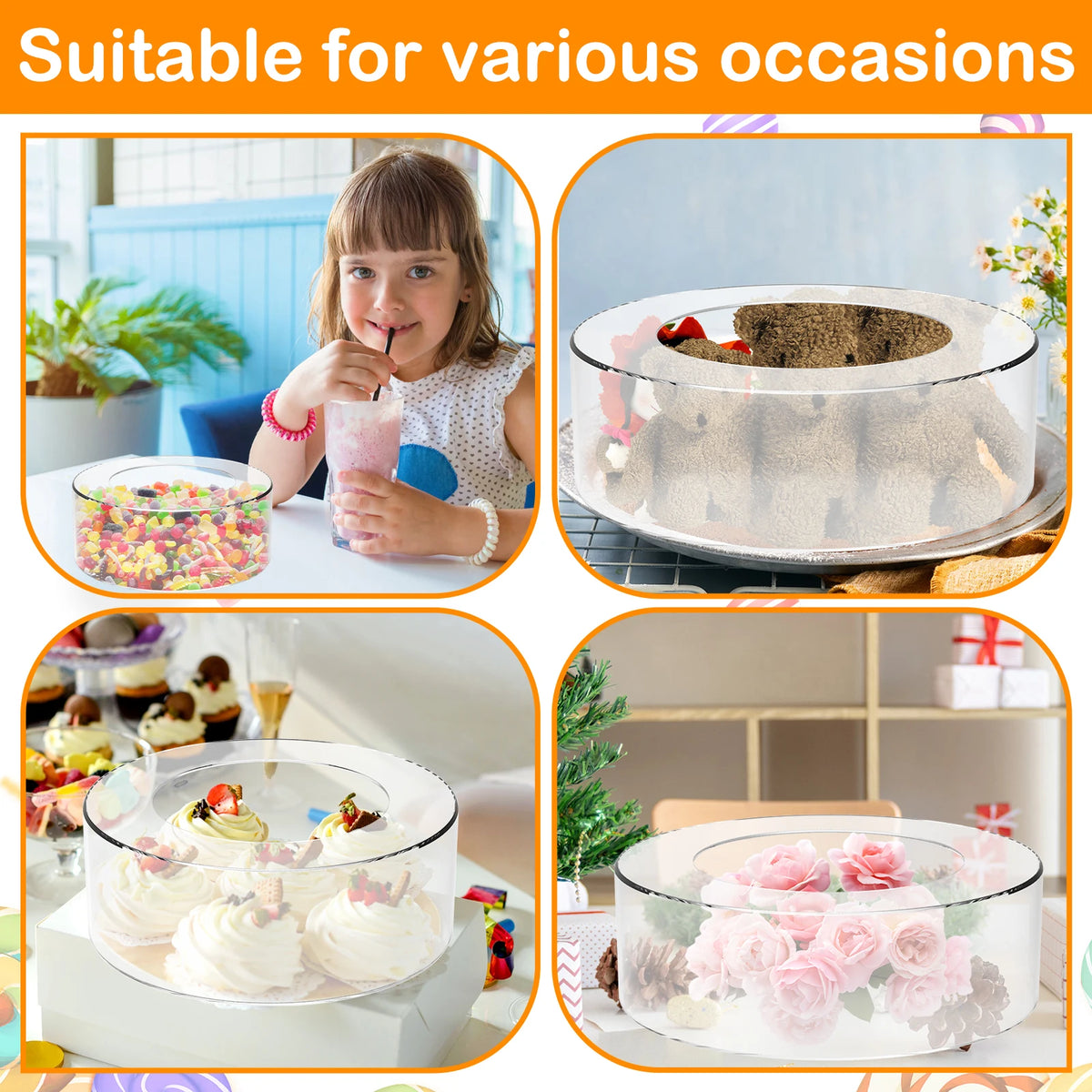 Fillable acrylic cake stand for dessert display showing various edible decorations and cakes.