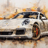 Vintage oil painting style canvas art of a white Porsche sports car with orange accents and grunge texture.