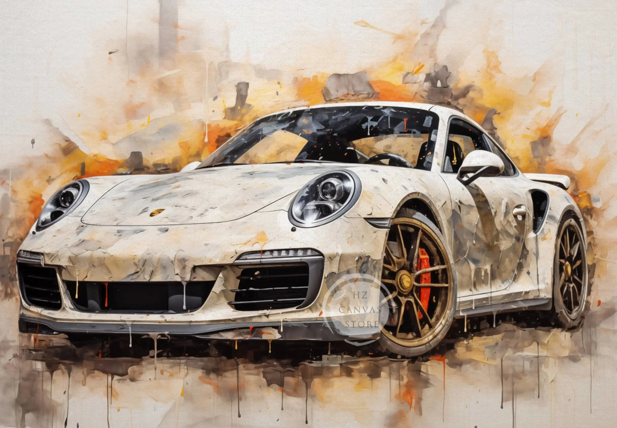 Vintage oil painting style canvas art of a white Porsche sports car with orange accents and grunge texture.
