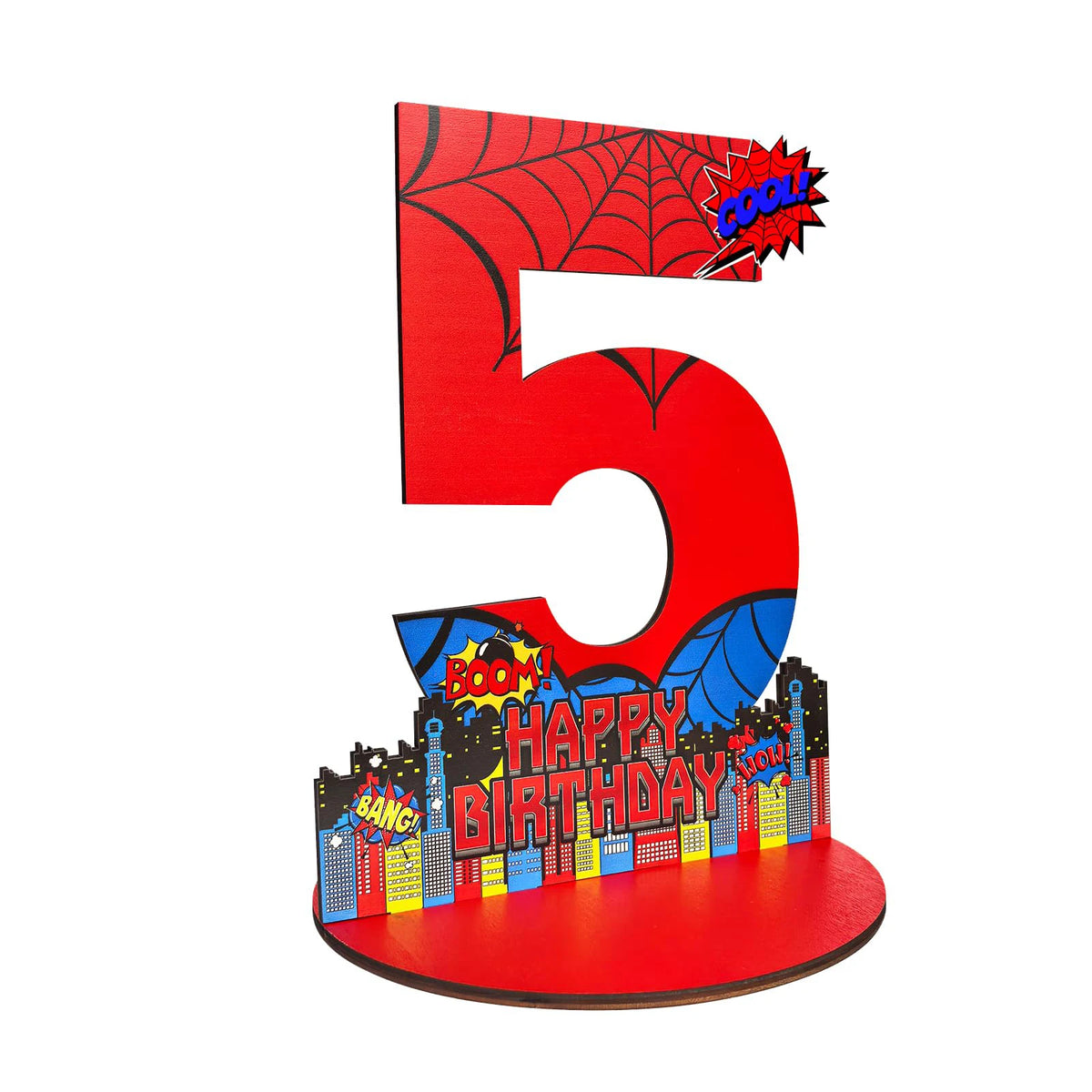 A red wooden number five sign decorated with spider webs and birthday text.