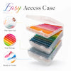 A clear plastic case for a 48-color acrylic paint marker set showing flip-open lid storage and ready to create brushes