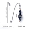A silver chain necklace featuring a dark crystal teardrop pendant on a white background.