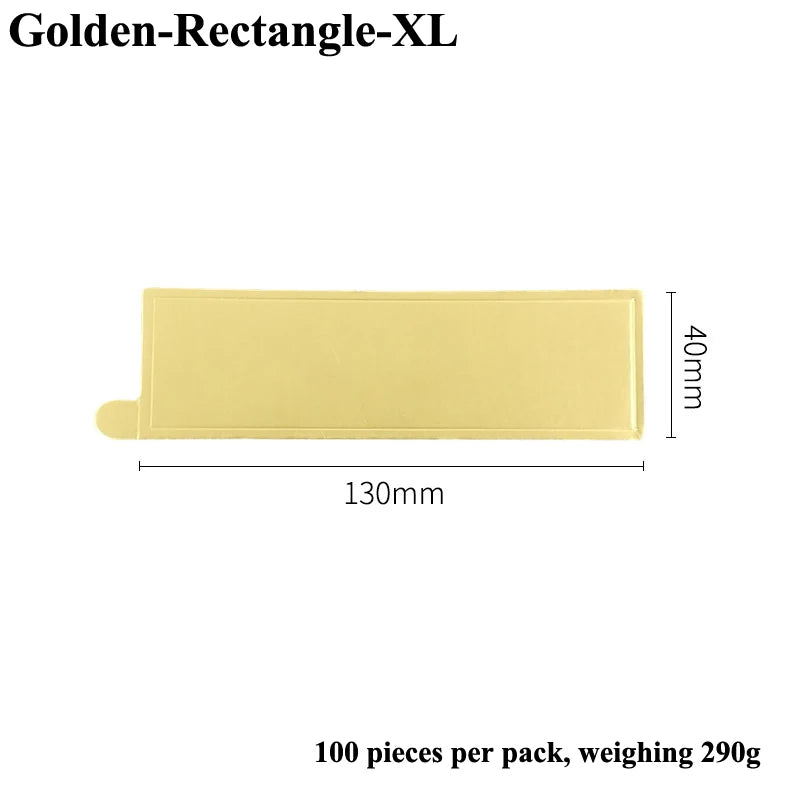A rectangular, pale yellow dessert cake board labeled Golden-Rectangle-XL, measuring 130mm long and 40mm high.