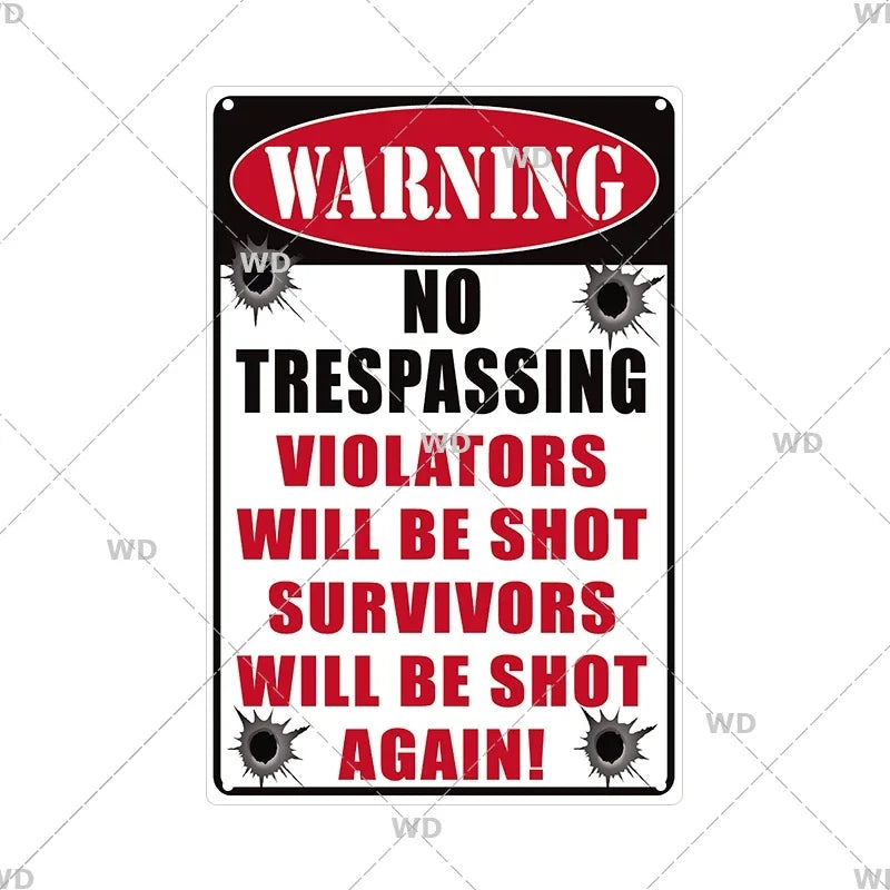 A vintage retro metal warning sign with red and white text that reads WARNING NO TRESPASSING VIOLATORS WILL BE SHOT SURVIVORS