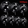 A collection of transparent bobo balloons in various sizes ranging from 10 to 36 inches.