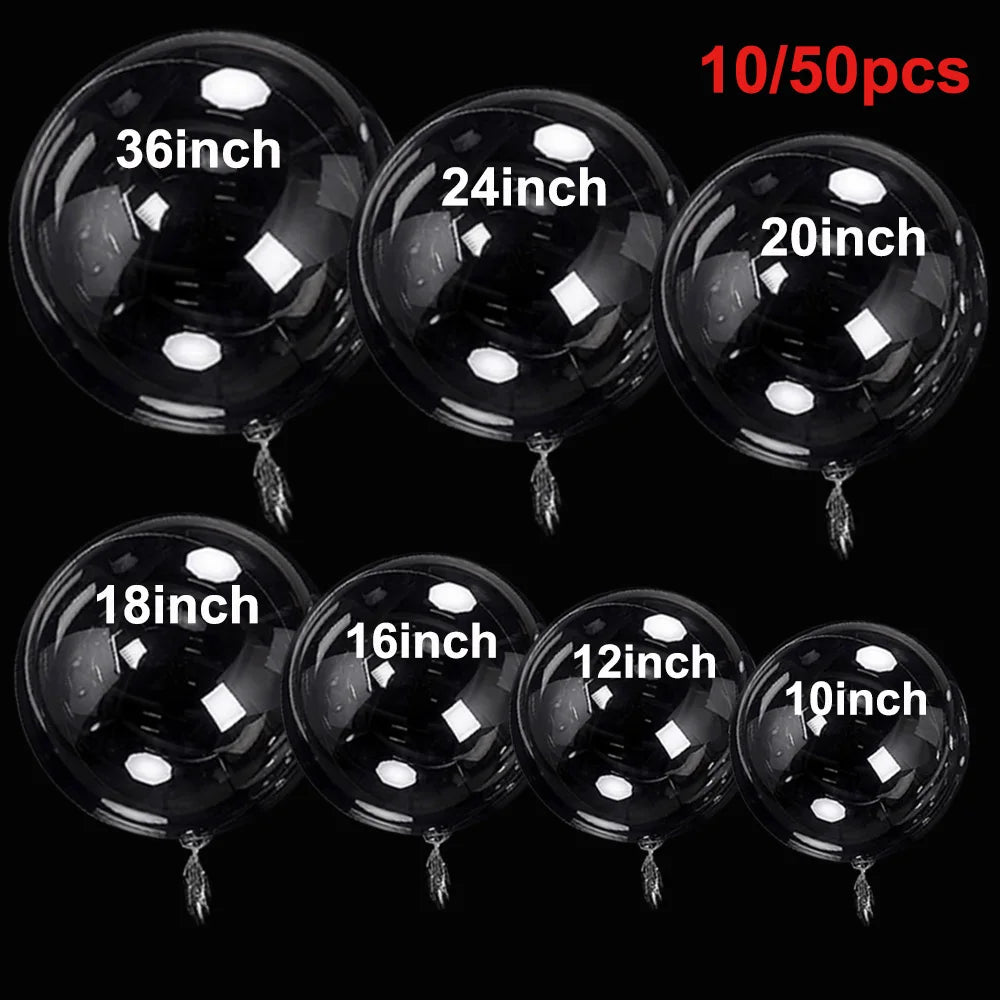 A collection of black clear transparent bobo balloons in various sizes from 10 to 36 inches.
