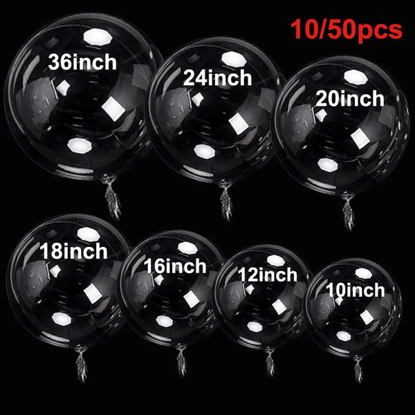 A collection of black clear transparent bobo balloons in various sizes from 10 to 36 inches.