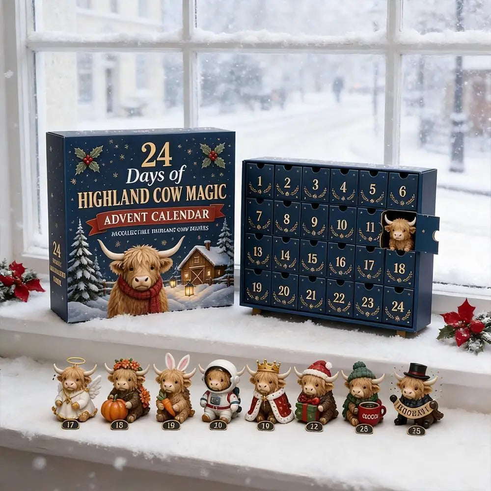 A box of a 24-day advent calendar with Highland cow figurines and a grid of numbered boxes on a windowsill covered in snow.