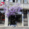 A large purple artificial wisteria hanging vine with silk bloom forks displayed on a balcony.