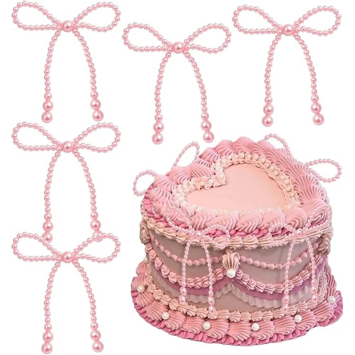 A set of pink pearl bow cake toppers and decorations for elegant party use