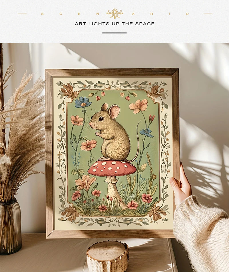 A framed canvas print featuring a woodland mouse sitting on a red and white mushroom surrounded by green foliage.
