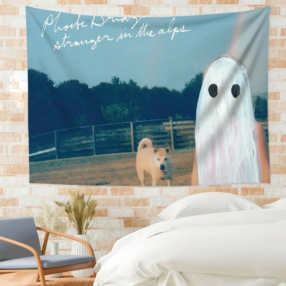 A tapestry featuring Phoebe Bridgers album art of a ghost in the alps hanging on a brick wall.