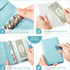 Four steps showing how to use an A6 PU Leather Budget Planner Binder with cash envelopes and expense sheets