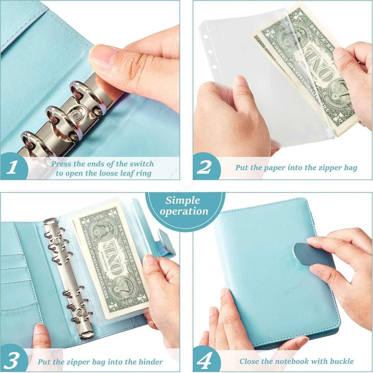 Step-by-step guide showing how to use an A6 PU leather budget planner binder with cash envelopes and expense sheets