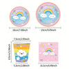 A set of colorful disposable paper plates, cups, and napkins featuring rainbows and clouds for parties.