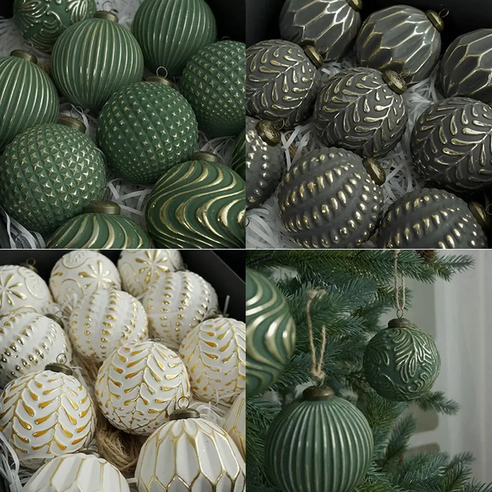A collection of retro shatterproof Christmas tree ball ornaments in various shades of green and gold.