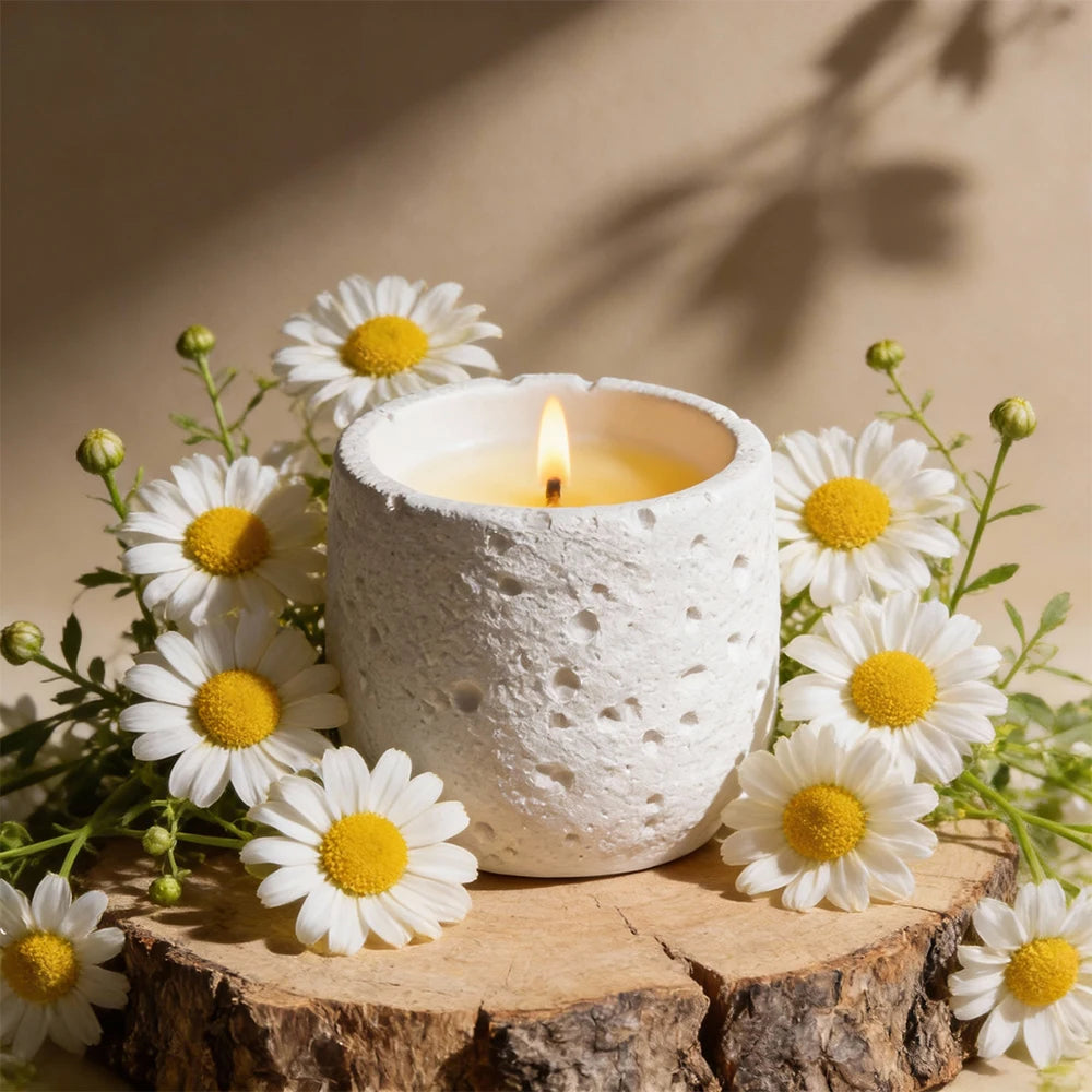 A white textured silicone mold sits on a wooden slab surrounded by fresh white daisies.