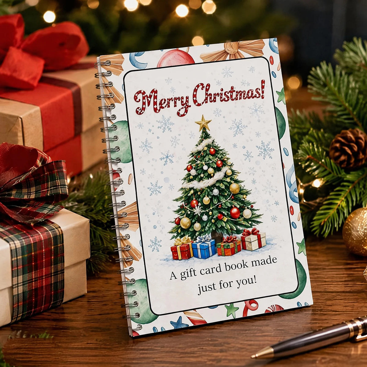 A gift card book with a Christmas theme featuring a decorated green tree and snowflakes