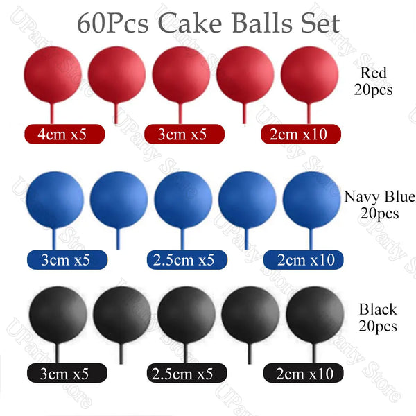 A set of 60 foam cake balls in red, navy blue, and black colors with various sizes and quantities.