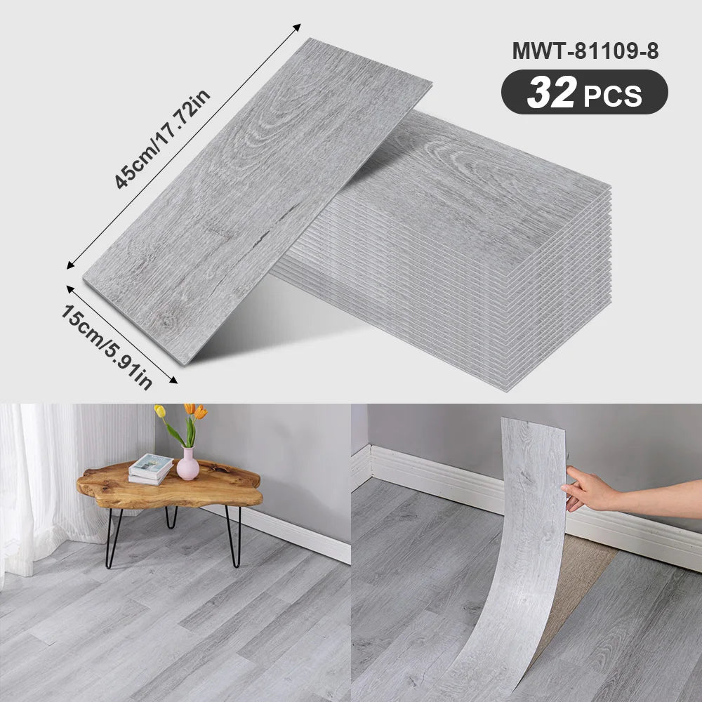 A pack of 32 wood grain peel-and-stick floor and wall stickers in gray, showing a rectangular piece and a curved piece.