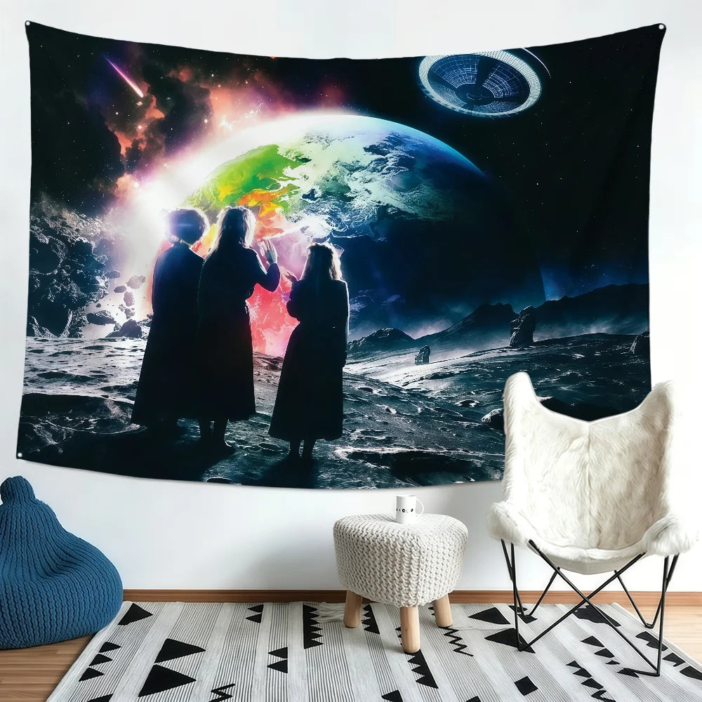 A dark banner featuring a vibrant depiction of Earth and three silhouetted figures looking at the planet.