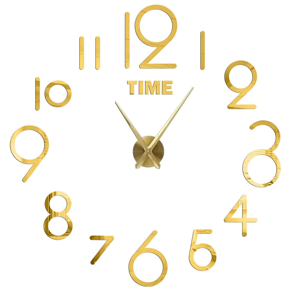 A modern 3D acrylic wall clock showing the time, with DIY sticker numbers marking the hours.