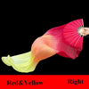 A pink and yellow silk ribbon dance fan is shown open, displaying a gradient color transition.
