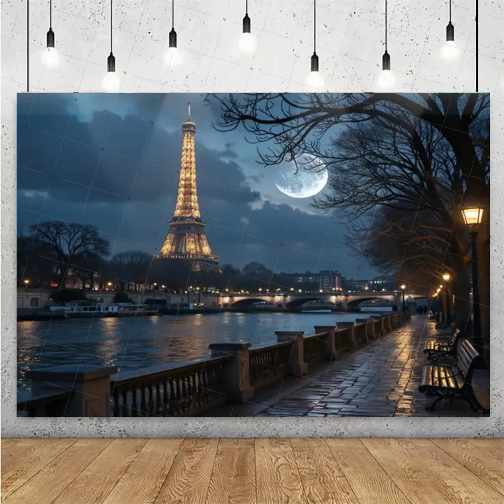 A photograph of the Eiffel Tower at dusk over a city skyline with a large moon visible in the sky.
