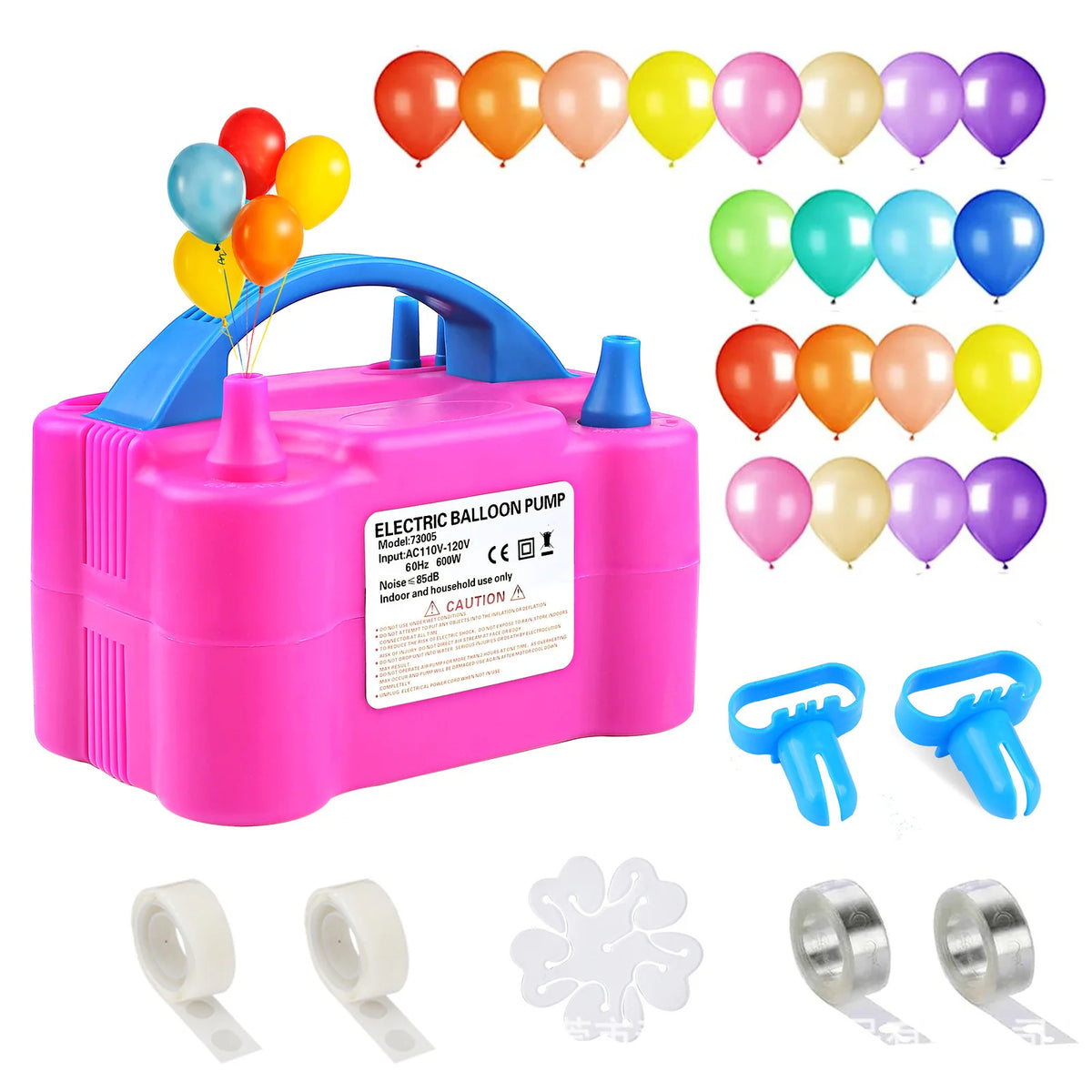 A pink electric balloon pump with various attachments and accessories for inflating balloons.
