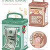 A pink electronic ATM piggy bank with a fingerprint verification feature and a green version.