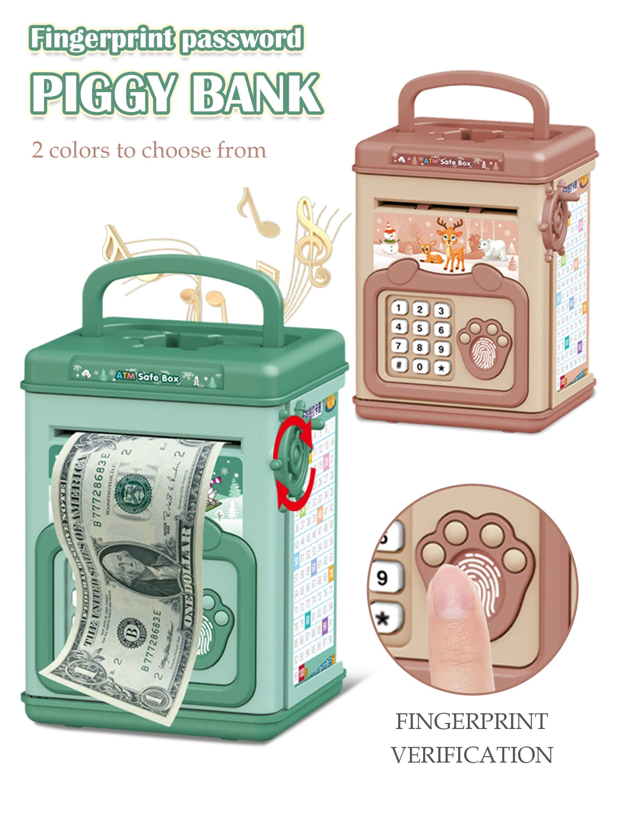 A pink electronic ATM piggy bank with a fingerprint verification feature and a green version.