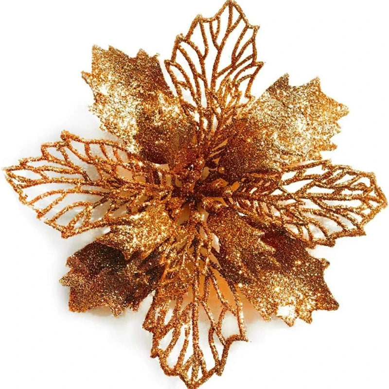 Gold sparkle silk artificial Christmas flowers with intricate leaf design