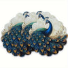 A set of four peacock feather placemats featuring iridescent blue and green feathers on a white background.