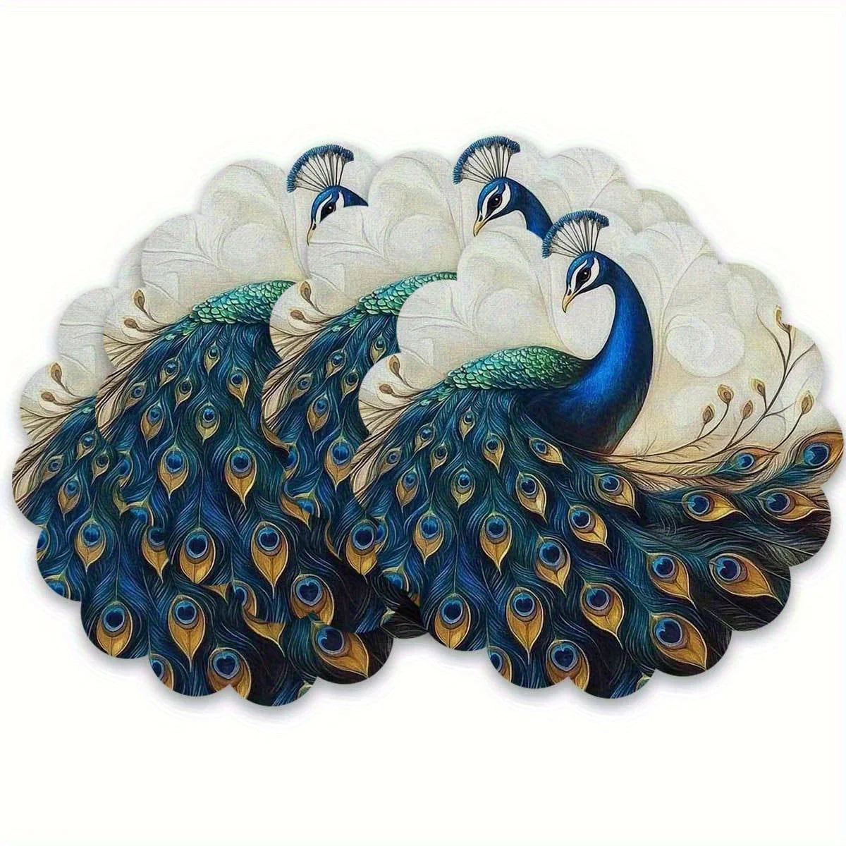 A set of four peacock feather placemats featuring iridescent blue and green feathers on a white background.
