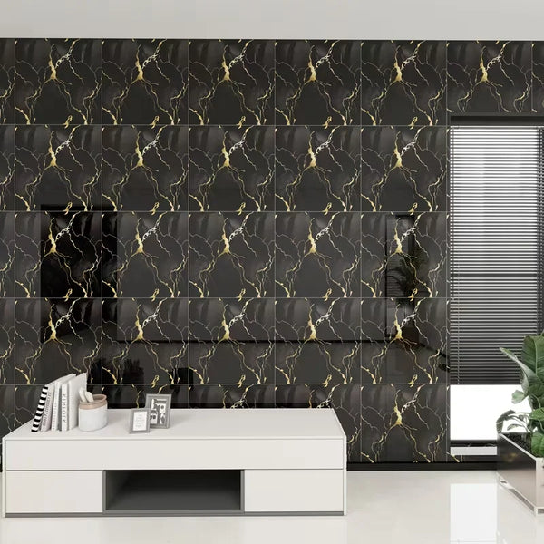 A dark marble-patterned wall tile featuring gold veining, installed in a modern interior setting.