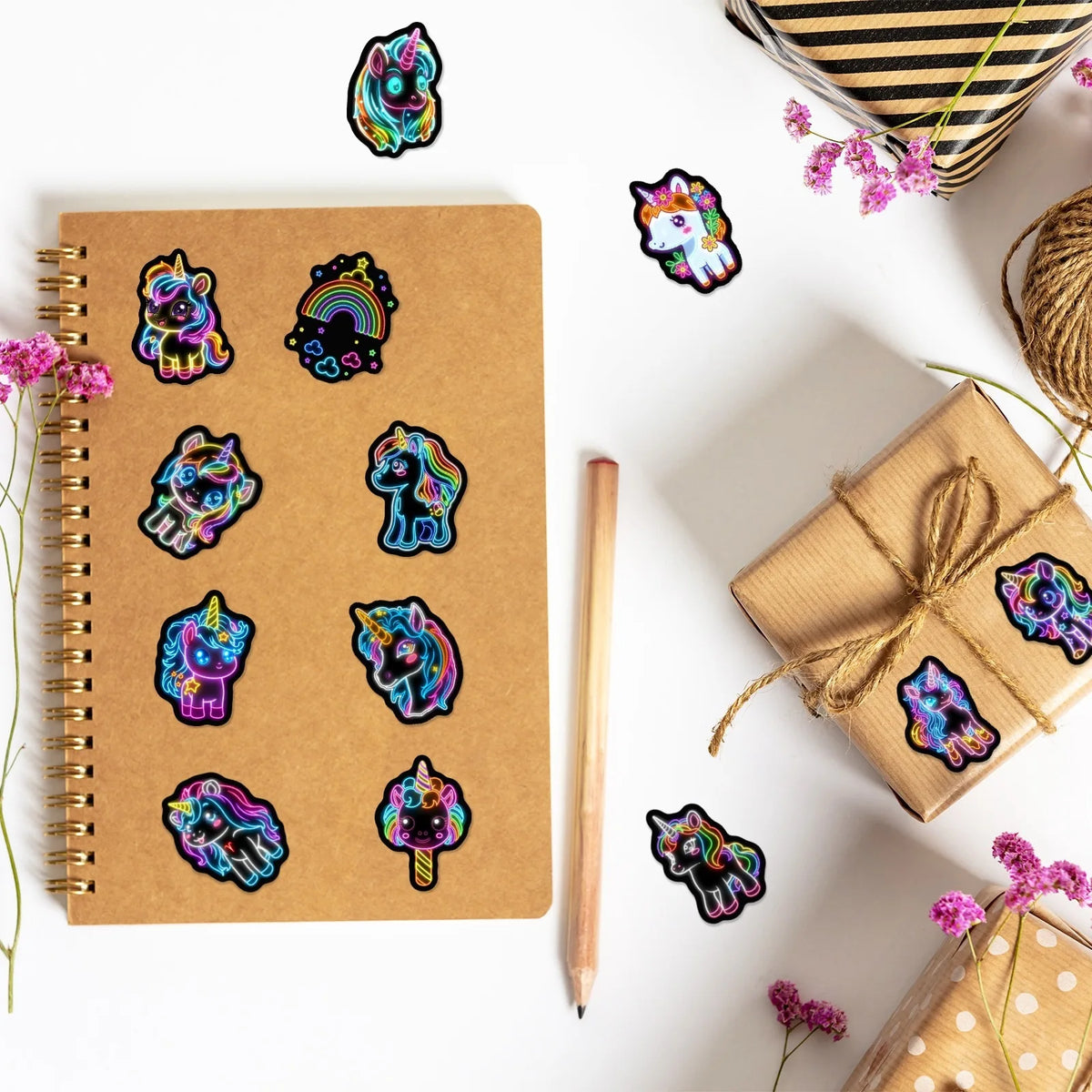 Colección de calcomanías de caballos arcoíris neón autoadhesivas en un cuaderno marrón, junto a un lápiz y una caja de regalo