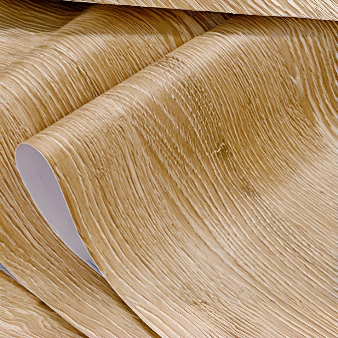 Roll of self-adhesive PVC wallpaper film featuring a natural wood grain texture.
