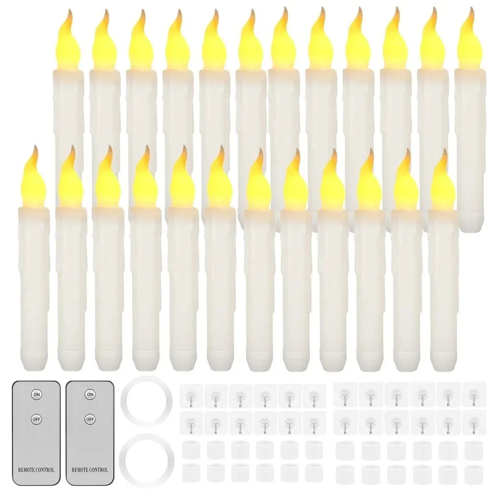 A set of yellow flameless LED taper candles and a remote control device for timing.