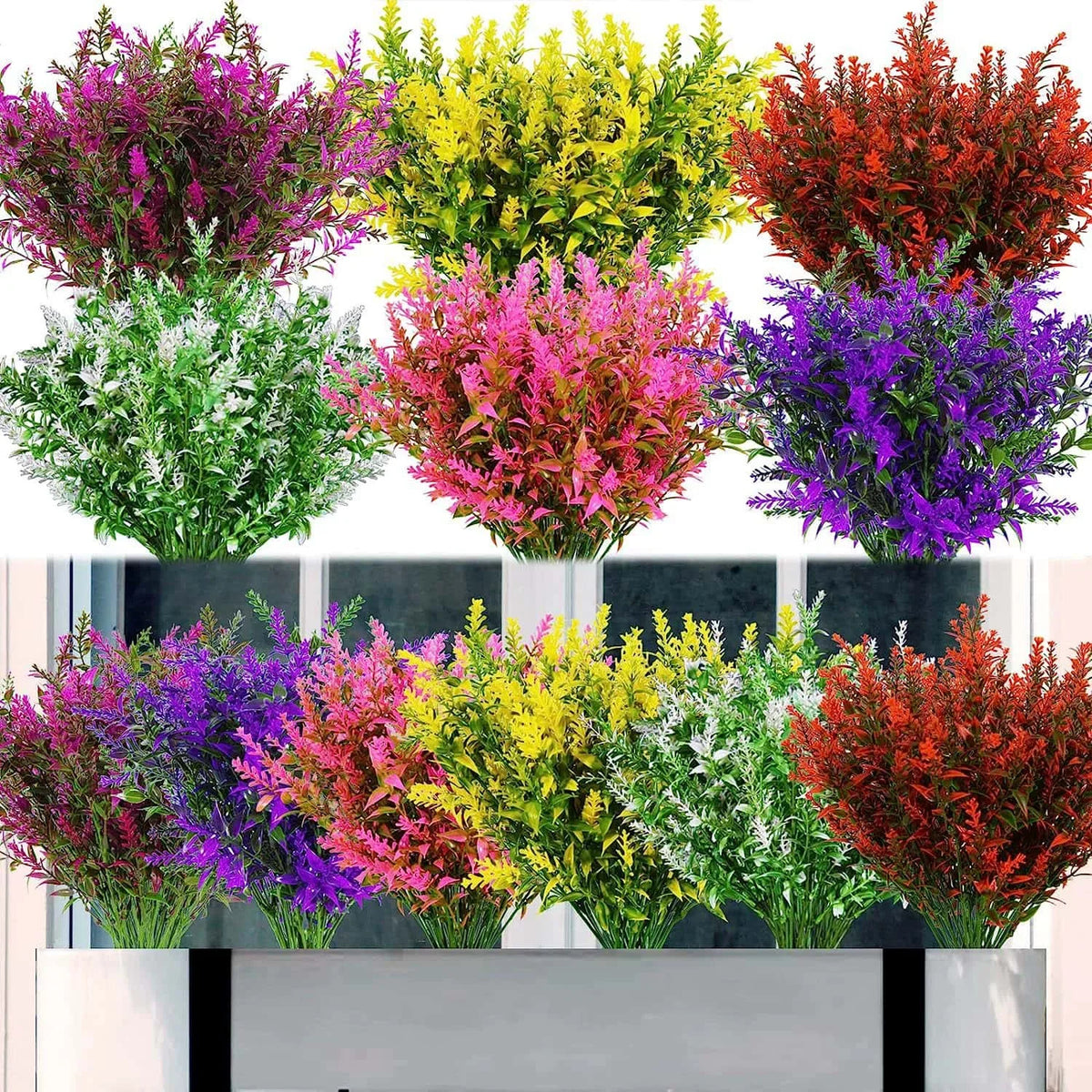 A collection of artificial lavender stems in various shades of purple, pink, yellow, and red displayed in a planter.