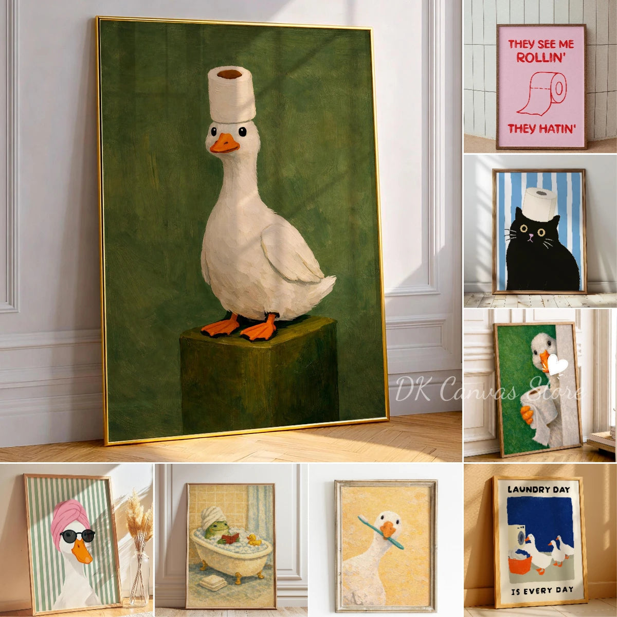A vertical painting of a white duck with an orange beak standing on a green pedestal against a dark green background.