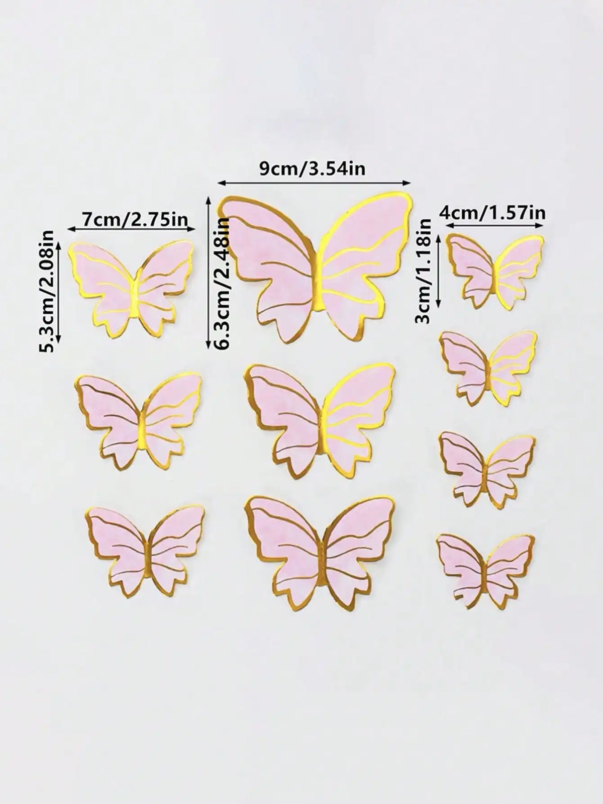 A set of five pink butterfly cake toppers with gold accents, measuring approximately 5.3 cm wide.