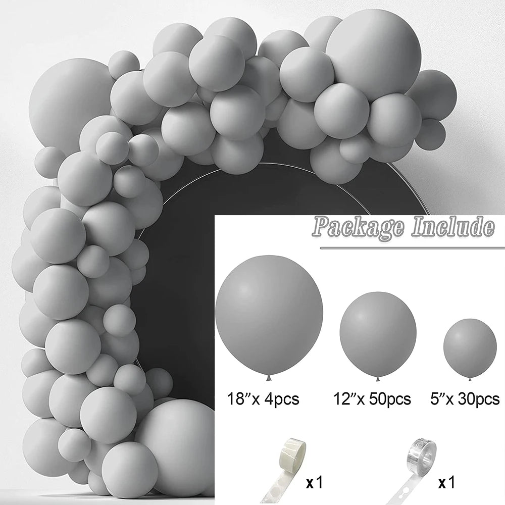 Gray balloon garland arch kit featuring balloons in various sizes and a clear tape.