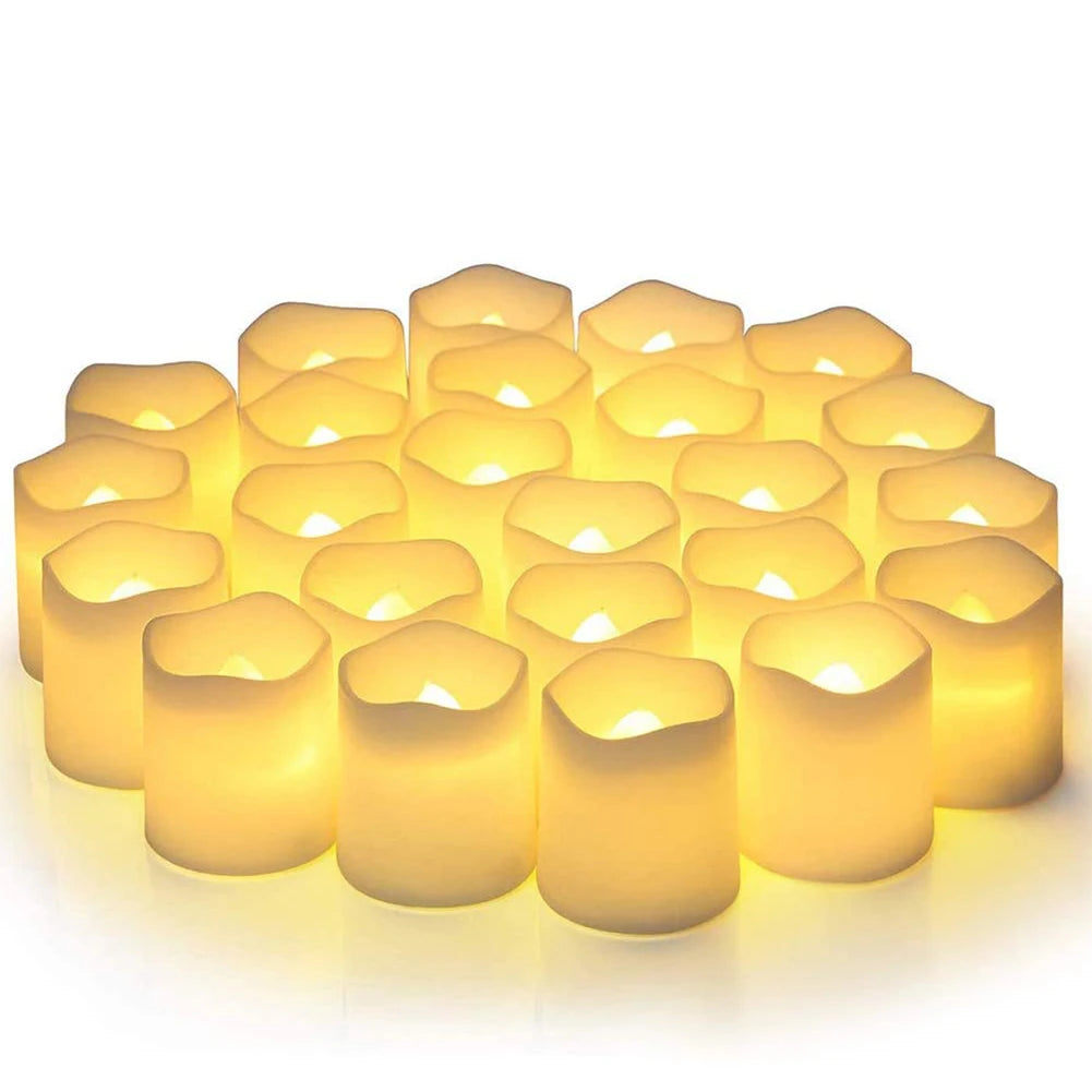 A set of 24 glowing yellow LED tea light candles arranged in a grid.