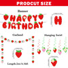Strawberry birthday party decoration set featuring a banner, garland, and hanging swirl decorations