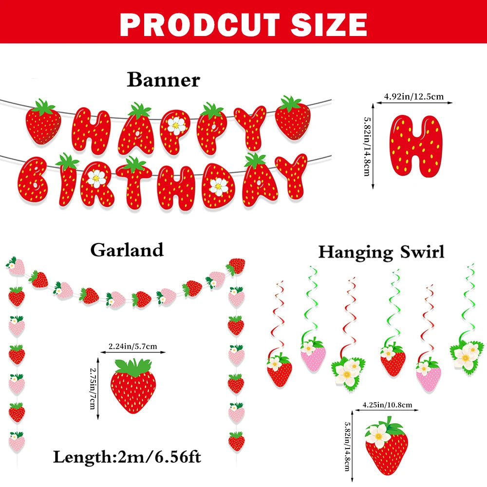 Strawberry birthday party decoration set featuring a banner, garland, and hanging swirl decorations