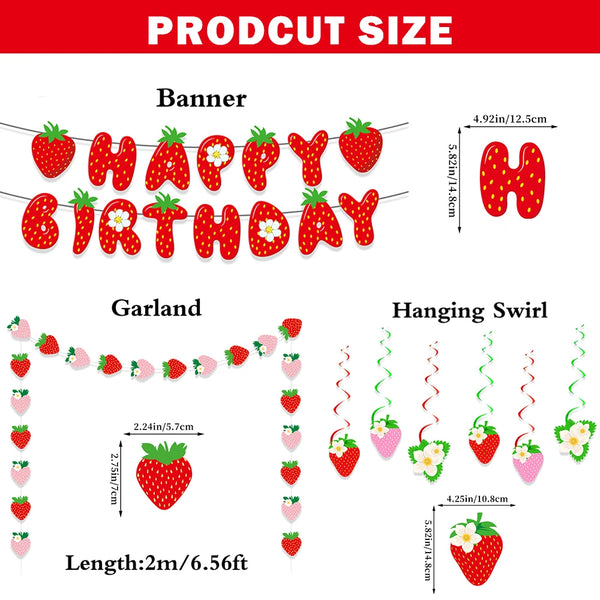 Strawberry birthday party decoration set featuring a banner, garland, and hanging swirl decorations
