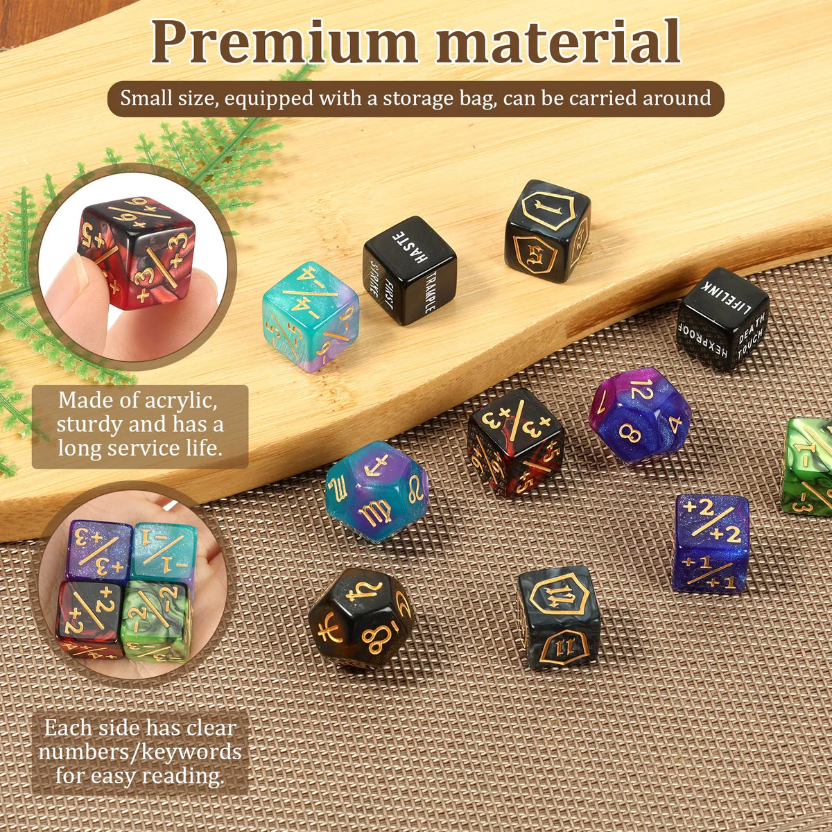 A set of black acrylic dice with various numbers and keywords displayed on a wooden surface.